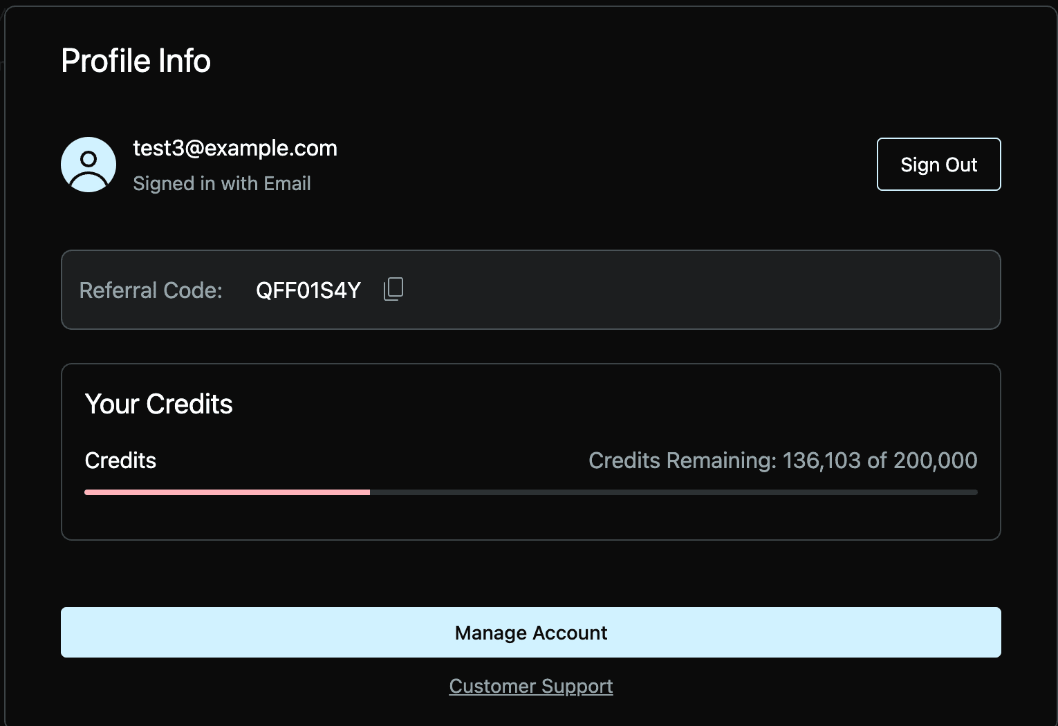 The Profile Info panel in Matterhorn showing the signed-in email, a referral code, a credits remaining bar reading 136,103 of 200,000, and Manage Account and Customer Support buttons.