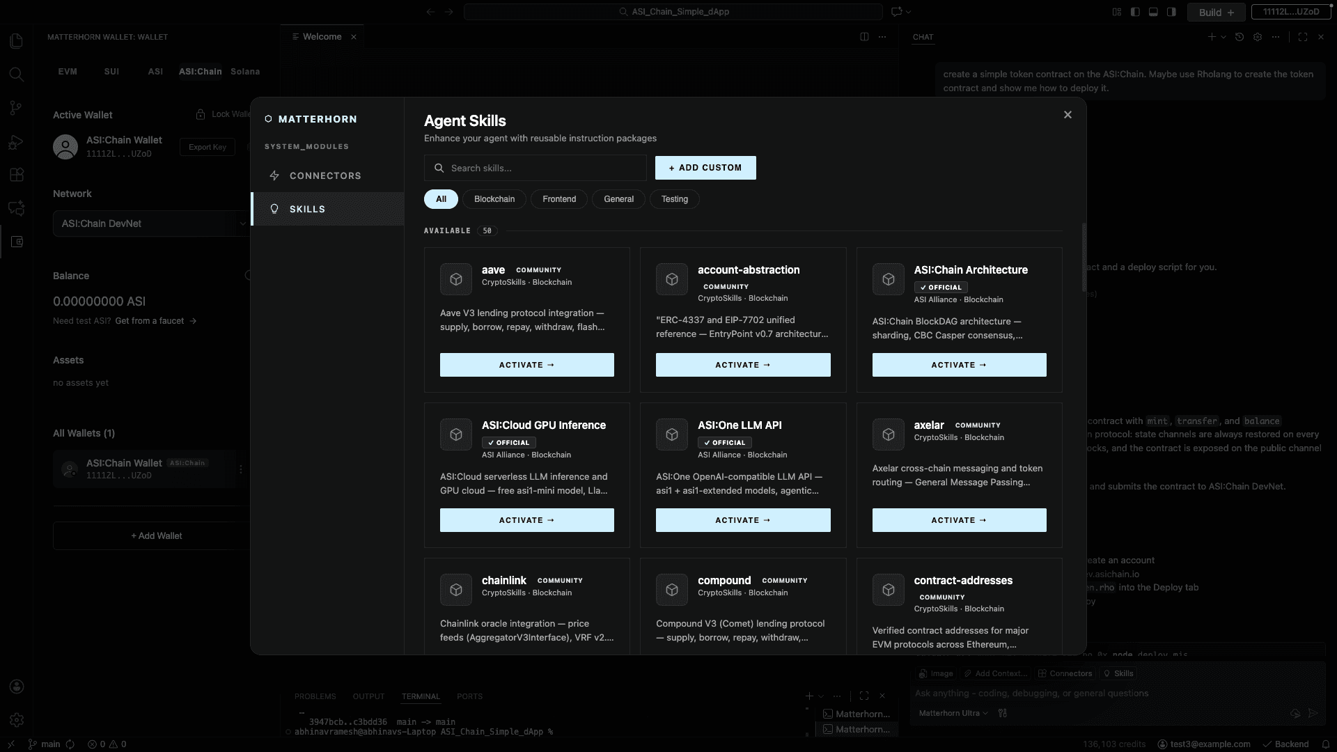 The Agent Skills modal in Matterhorn, with categories All, Blockchain, Filesystem, Generate, and Testing, and a grid of available skill cards including ASI:Chain Architecture, ASI:Cloud GPU Inference, ASI:Chain LLM API, abi, account-abstraction, aave, axelar, chainlink, compound, and contract-addresses.