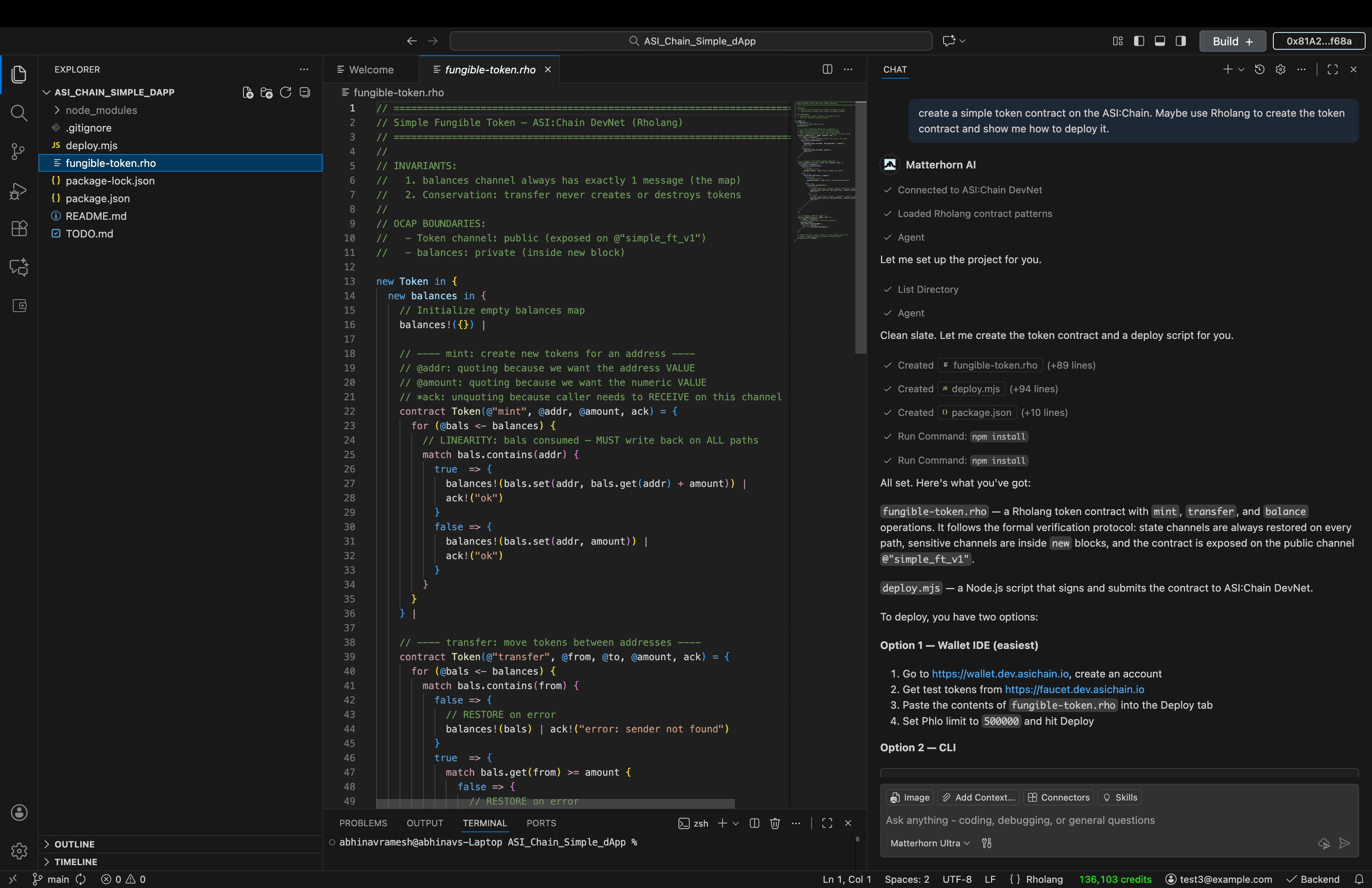 The Matterhorn editor with a generated Rholang token contract open on the left, and the agent panel on the right showing the steps it took: connecting to the chain, generating fungible-token.rho and deploy.rjs, running install commands, and explaining what each piece does.