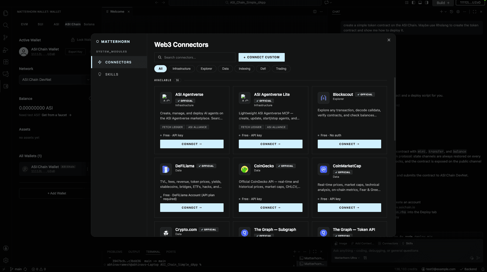 The Web3 Connectors modal showing categories Infrastructure, Explorer, Data, Indexing, Defi, Testing, with connector cards for ASI Agentverse, ASI Agentverse Lite, Blocknout, DefiLlama, CoinGecko, CoinMarketCap, Crypto.com, The Graph — Subgraph, and The Graph — Token API.