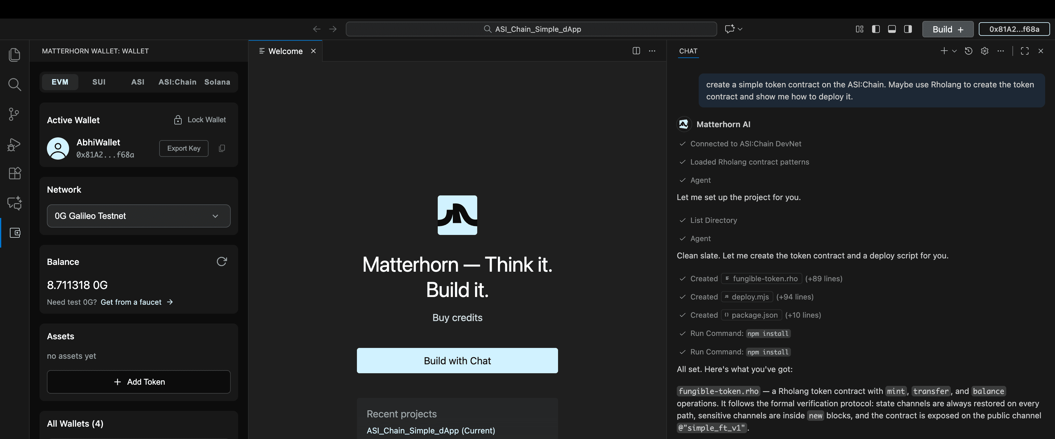 The Matterhorn wallet panel showing tabs for EVM, SUI, ASI, ASI:Chain and Solana, with an active wallet, network selector, balance, assets, and a list of all four wallets.
