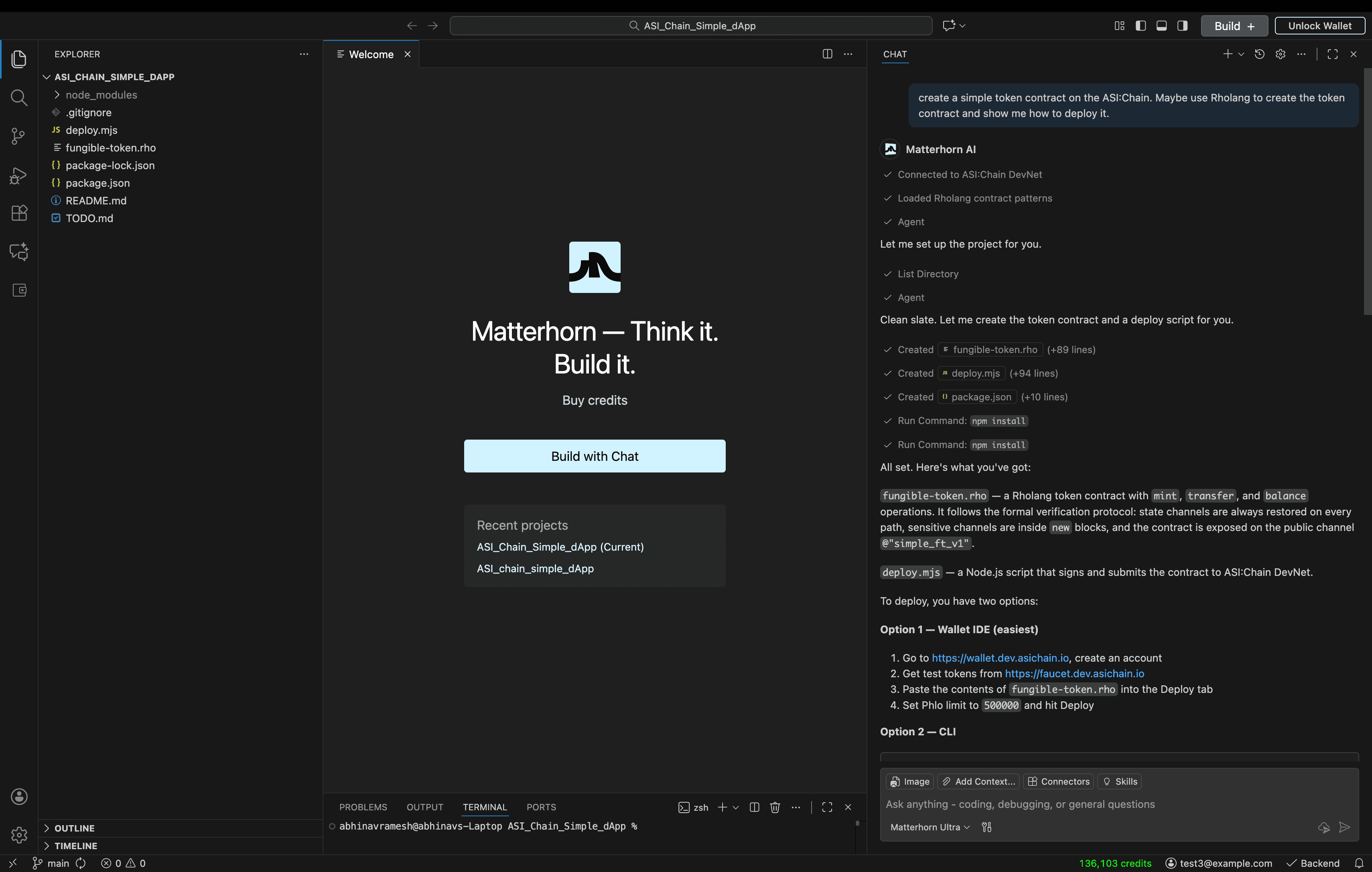 The Matterhorn IDE on first open: file explorer on the left, the Welcome tab in the middle with a 'Build with Chat' button, and the Matterhorn AI agent panel on the right walking through project setup.